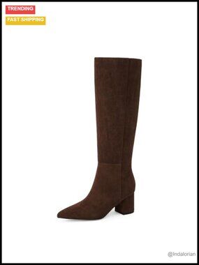 Faux Suede Knee High Boots Pointed Toe Low Block Heel Tall Boots